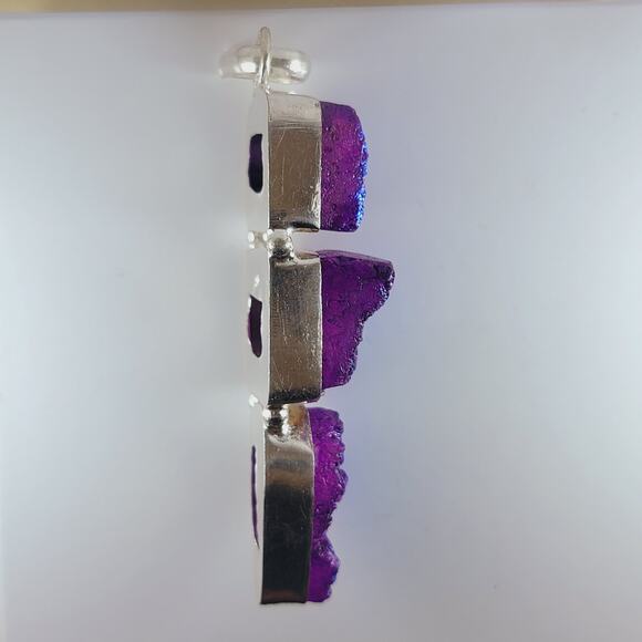 Purple Druzy Quartz Sterling Silver Pendant 2.5" Iridescent Triple Drop - Picture 9 of 13
